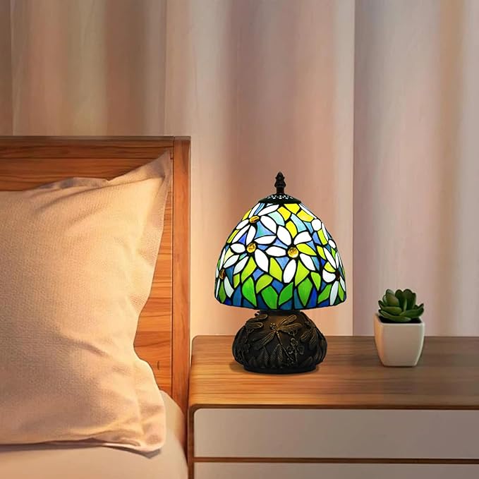 JHuiLap Small Tiffany Stained Glass Lamp, 3 Color Temperatures Bedside Lamp, 8 Inch Mushroom Desk Light for Bedroom Living Room Office Home Decor (White Flower Pattern)