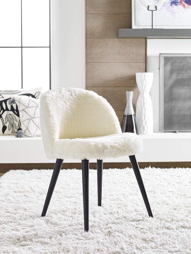 Elle Decor Cami Vanity Chair, Upholstered Armless Single Seat Plush Accent for Living Room, Home Office Desk or Bedroom, Mid Century Modern Tapered Legs, Cream Faux Fur