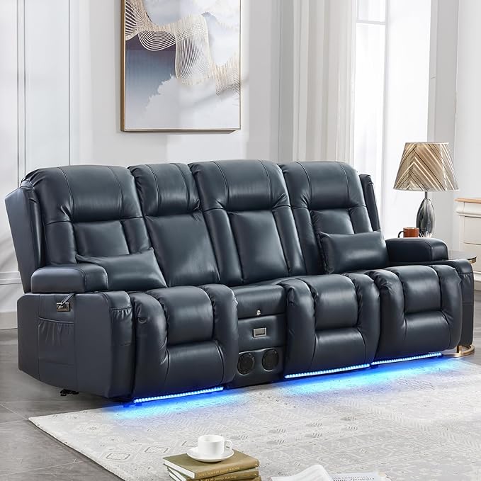 IPKIG Power Recliner Sofa with Flip-Up Backrest Console, USB & USB-C Ports, AC Outlet, LED Lights, Wall Hugger Recliners for Living Room, RV (Dark Blue, 89" - 4 Seat) | Breathable Leather, Zero Gravity, Dual Reclining, 2 Lumabr Pillow, Bluetooth Speakers