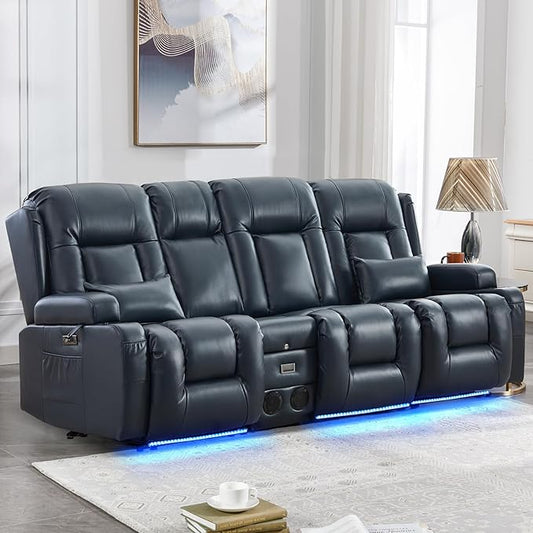 IPKIG Power Recliner Sofa with Flip-Up Backrest Console, USB & USB-C Ports, AC Outlet, LED Lights, Wall Hugger Recliners for Living Room, RV (Dark Blue, 89" - 4 Seat) | Breathable Leather, Zero Gravity, Dual Reclining, 2 Lumabr Pillow, Bluetooth Speakers