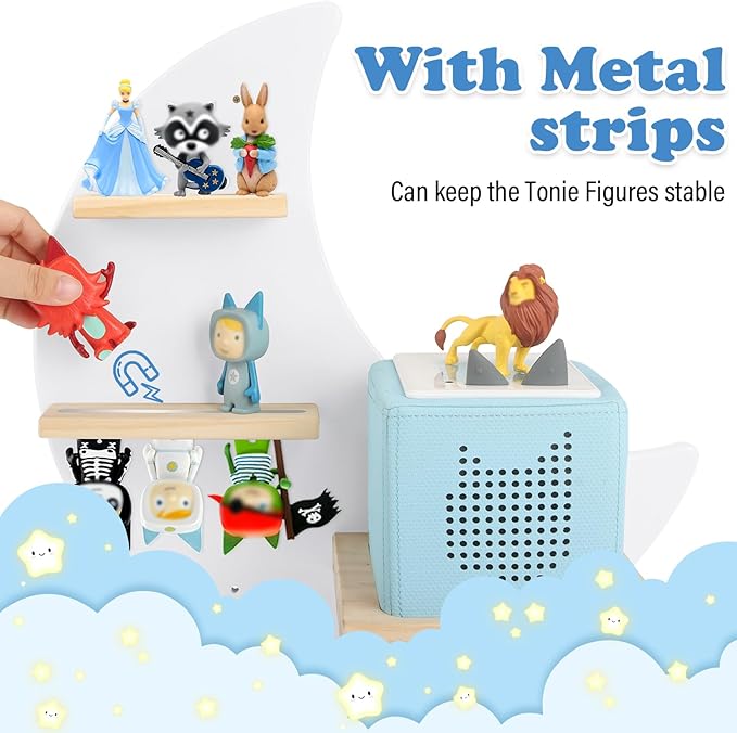Moon + Stars for Toniebox 1/2 Tonies Figures Organizer Storage Shelf Wall Mounted, Magnetic Floating Shelves for Toniebox Player, Characters, Earphones, Display Collection 20~30 Characters (White)