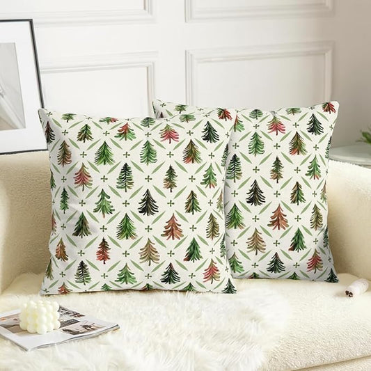 Christmas Throw Pillow Covers 24x24 Set of 2 Watercolor Green Red Xmas Tree Rustic Style Print Decorative Pillow Cases Winter Farmhouse Holiday Outdoor Pillowcase for Couch Sofa Porch