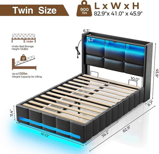 Rolanstar Bed Frame Twin Size with Lift Up Storage, Charging Station & LED Lights, Upholstered Storage Headboard, Heavy Duty Wooden Slats, No Box Spring Needed, Noise Free, Easy Assembly, Black