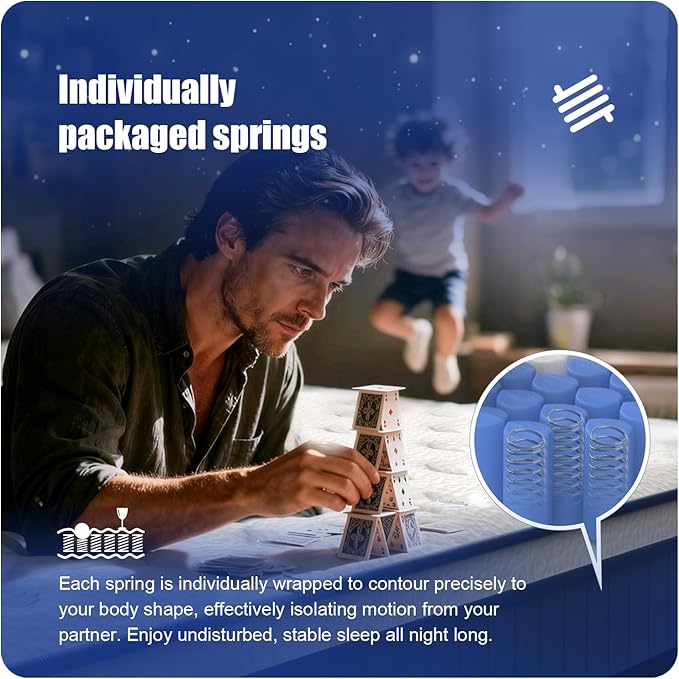 Queen Size Mattress 80 * 60 * 14 Inches Soft and Breathable Cotton Ergonomic Design Individually Pocketed Reinforced Springs All Around Quiet Sleep Comfort and Durable