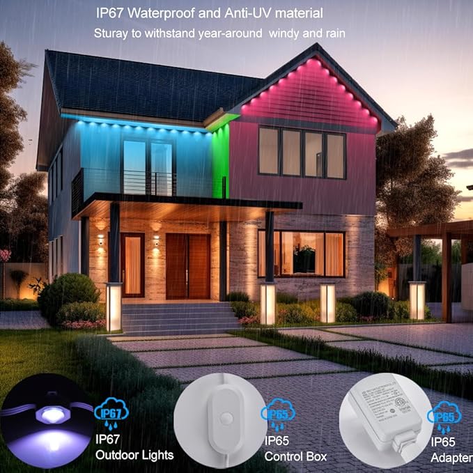 Permanent Outdoor Christmas Lights for House,100ft Smart RGB+IC Color Eave Lights,Tunable Warm to Cool White 60lm for Daily Lighting,IP67 Waterproof, Alexa Google APP Remote Control