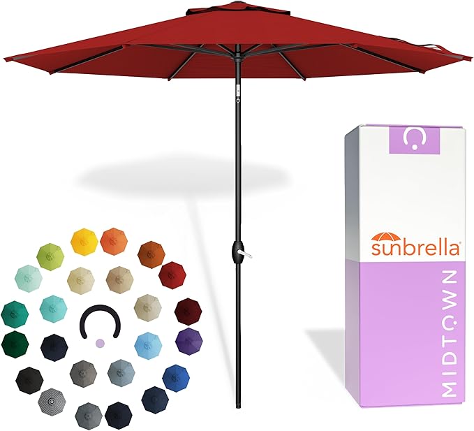 Midtown Umbrellas - The Lean 8 Ft Patio Umbrella with Fade-Resistant Sunbrella Fabric, Auto-Tilt Aluminum Frame and 8 Reinforced Ribs for Deck, Pool & Garden - Red Canopy, Black Pole