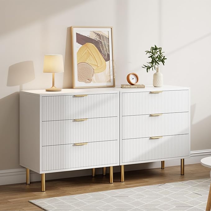 IDEALHOUSE White Dresser, Modern 3 Drawer Dresser for Bedroom with Gold Handle and Large Drawer, Wood Double Chest of Drawers and Storage Organizer for Living Room, Hallway, Entryway