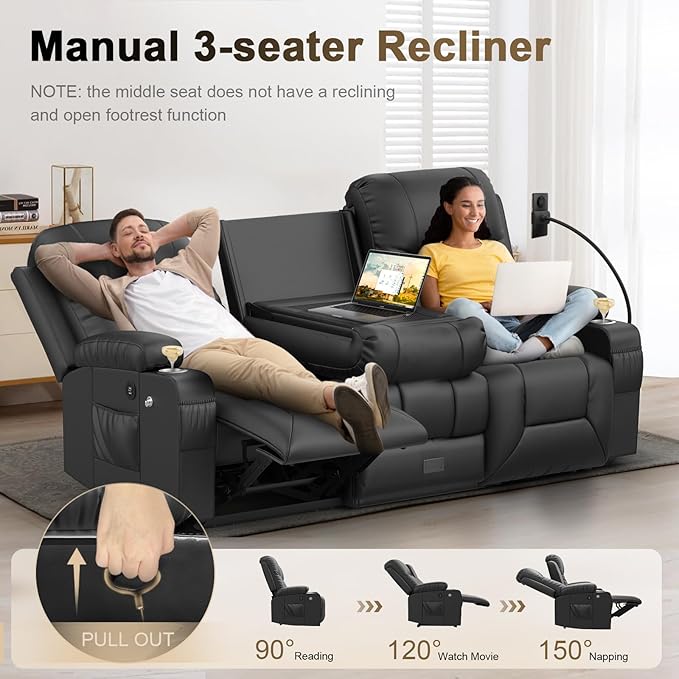YONISEE 3 Seat Recliner Sofa with Flip Backrest Design, Loveseat Reclining Sofa with Storage Drawer, USB Ports, 2 Cell Phone Holder, Loveseat Recliner Couch for Living Room