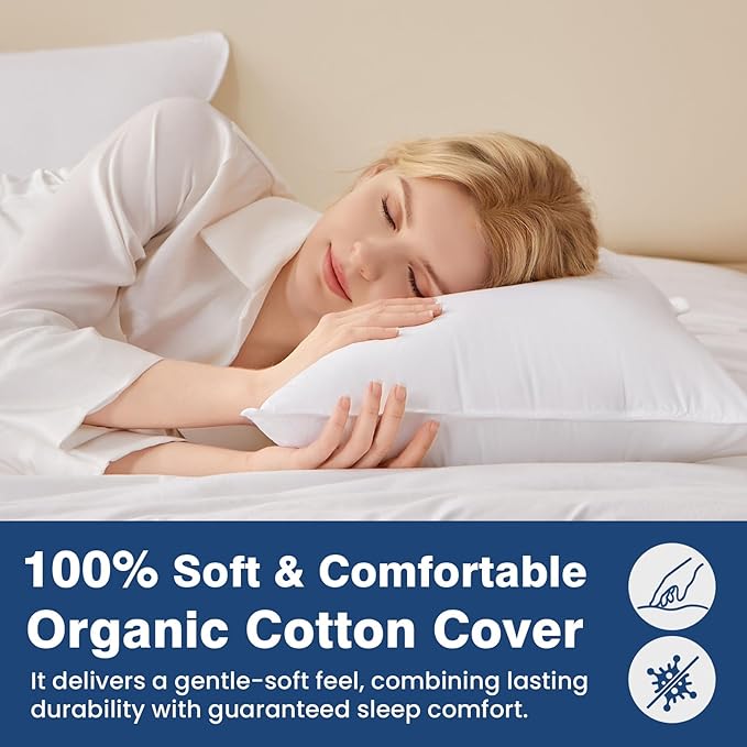 Goose Down Pillows Queen Size Set of 4, Hotel Quality Bed Pillow for Sleeping 4 Pack, 900 Fill Power Natural White Goose Feather Pillows with 700 TC 100% Organic Cotton Shell, 18"x30" White