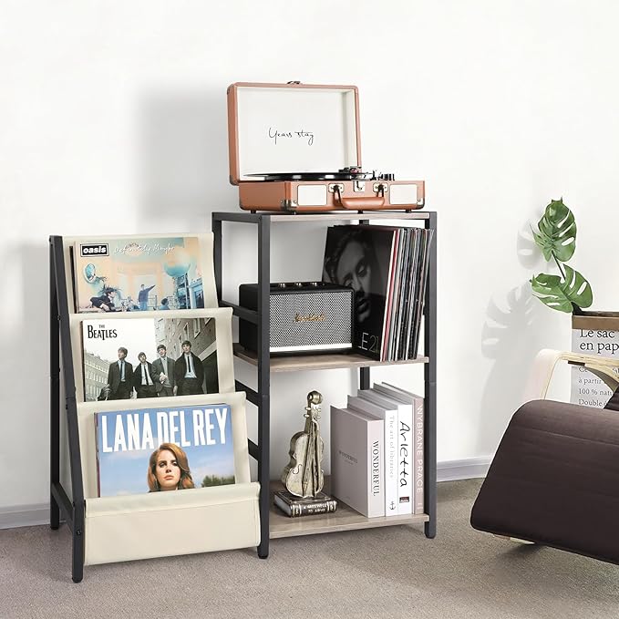 Bikoney Record Player Stand, Turntable Stand with 3-Tier Vinyl Record Storage, Record Player Table Up to 200 Albums, End Table for Records, Vinyl Record Holder Cabinet for Living Room White
