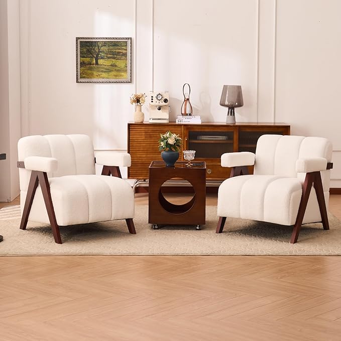Accent Chairs Set of 2 Mid-Century Modern with Wide Backrest for Bedroom, Upholstered Living Room Chair with Wooden, Lounge Armchair with Thick Cushion, Cute Teddy Comfy Chair, Ivory