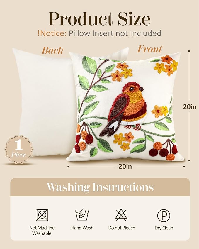 Embroidered Throw Pillow Cover - 20x20 Decorative Pillow Cover with Zipper Aesthetic Cute Design Boho Spring Summer Throw Pillowcase for Living Room Couch Sofa Bed, Tree Bird