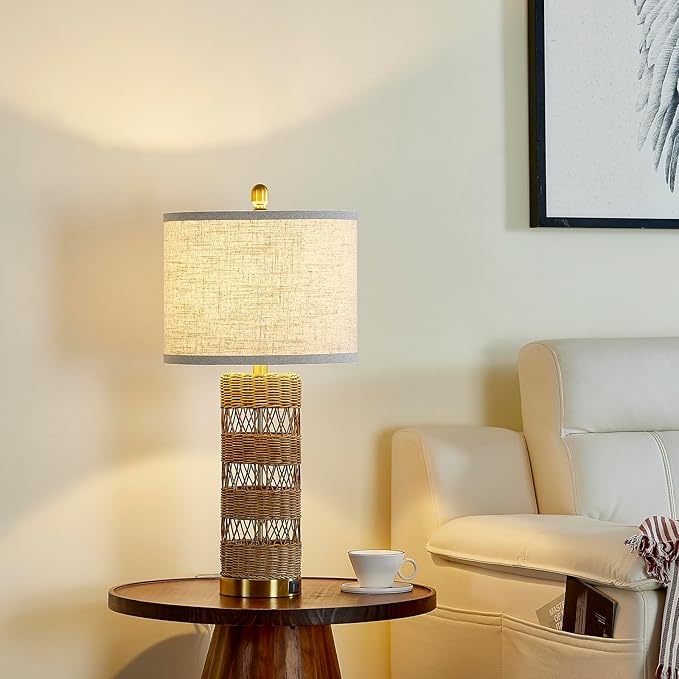 Natural Solid-Color Rattan Table Lamps Set of 2-28" Rustic Bedside Lamps for Nightstand,bedrooms, Living Rooms, or entryways & Rotary Switch,Bulbs in