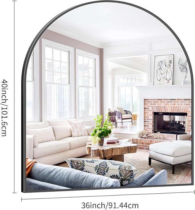 Black Arch Mirror, 36”x40” Black Mirror for Bathroom, Wide Arched Bathroom Mirror with Metal Wall Mounted Mirror for Bedroom Living Room Entryway Modern