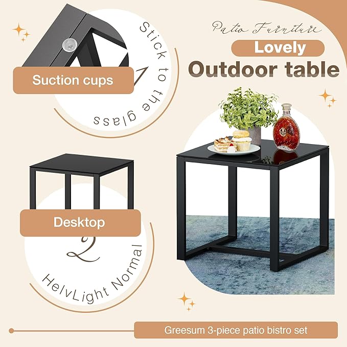 Greesum 3 Piece Patio Furniture Set, All-Weather Imitation Rattan Conversation Set, Outdoor Rocking Chair Bistro Set with Glass Top Coffee Table for Pool, Deck, Porch, Garden or Balcony, Red