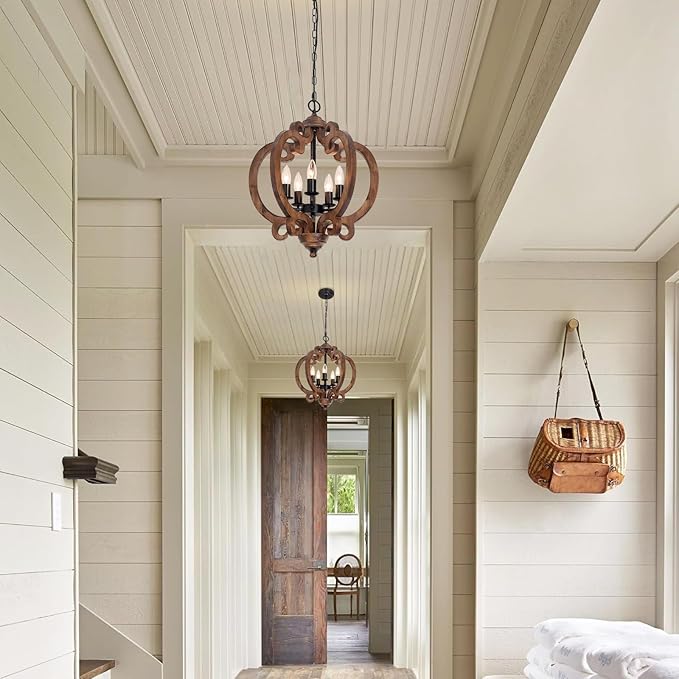 17.72'' Farmhouse Wood Chandelier, 5-Light Rustic Dining Room Light Fixture, Farmhouse Hanging Pendant Lighting, Vintage Orb Chandeliers for Kitchen Island Foyer Living Room Bedroom