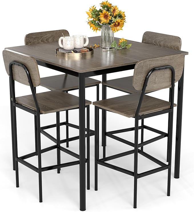 GOFLAME 5-Piece Dining Table Set for Small Space, Kitchen Table and Chairs Set for 4 with Steel Frame, Square Breakfast Table Set, Industrial Counter Height Table Set for Home Restaurant, Grey Oak