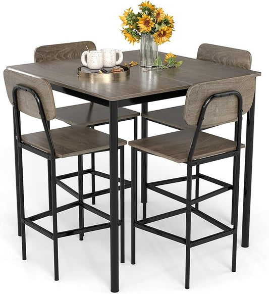GOFLAME 5-Piece Dining Table Set for Small Space, Kitchen Table and Chairs Set for 4 with Steel Frame, Square Breakfast Table Set, Industrial Counter Height Table Set for Home Restaurant, Grey Oak