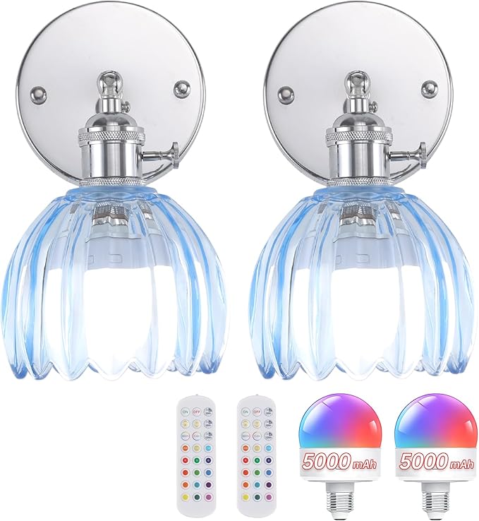 Vintage Wall Sconce Set of 2 - Rechargeable Battery Powered with Remote Control, Clear Light Blue Tulip Glass Lampshade (5000mAh) for Bedroom/Doorway