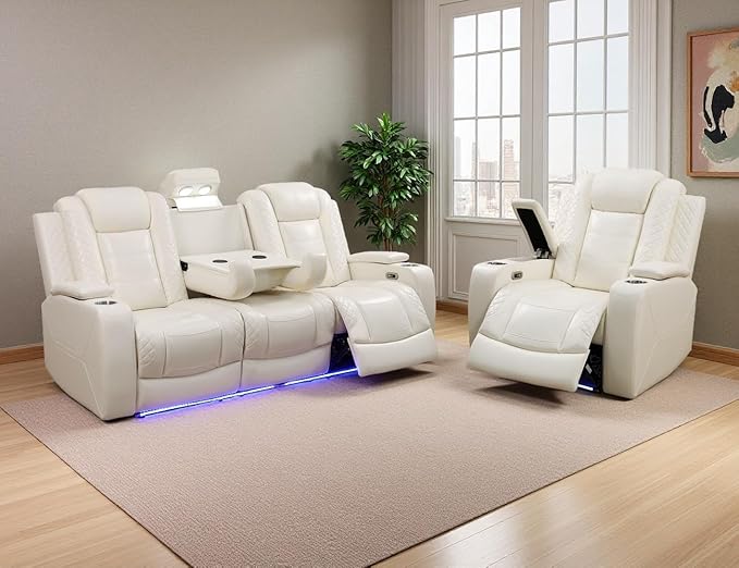 Leather Power Recliner Sofa Set with LED, Living Room Furniture Sets, 2 PCS Reclining Couches, Recliner Sofa and Chair Set with Arm Storage/Cup Holders/Charging Ports for Home Theater (Cream)