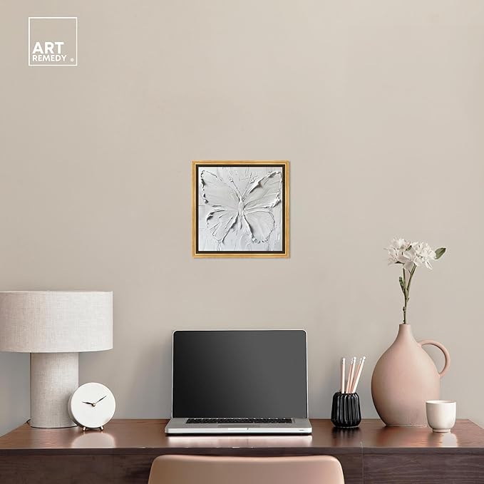 Art Remedy White Butterfly Canvas Elegant White Gold Wall Art, Gold Frame, 12" x 12"