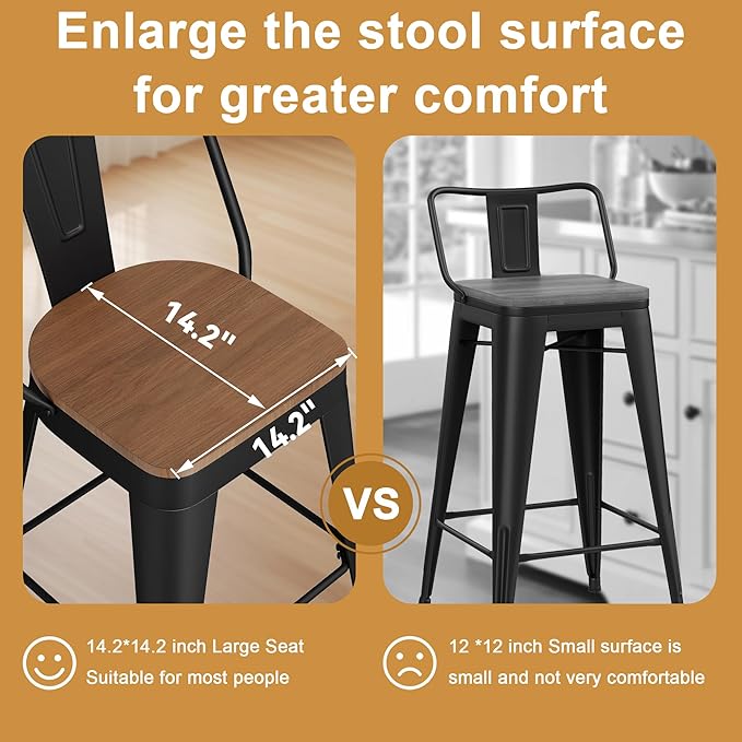 Andeworld Metal Bar Stools Set of 2, 24 inch Counter Height Barstools with Backs Farmhouse Modern High Back Bar Stools with Larger Seat Kitchen Dining Bar Chairs,Matte Black