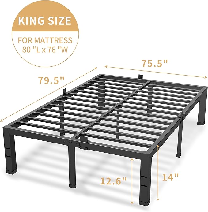 King Size Bed Frame - 14 Inches Heavy Duty Metal Platform Bed Frame No Box Spring Needed, Easy Assembly, Noise Free Bedframes Include Mattress Slide Stopper