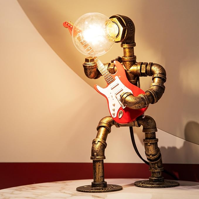 Music Guitar Table Lamp Art Decor ，Steampunk Table Lamp,Retro Guitars Steampunk lamp,Cool Industrial Metal Tube Robot Lamp Guitar Stuff Present for Men Music Lovers
