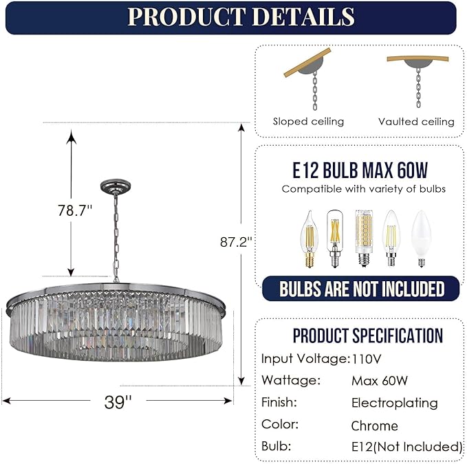 Large Crystal Chandelier Modern Luxury Pendant Ceiling Lights Fixture for Dining Living Room 18-Lights 3-Tier Raindrop Chandeliers Lighting (Chrome, Dia 39 Inch)