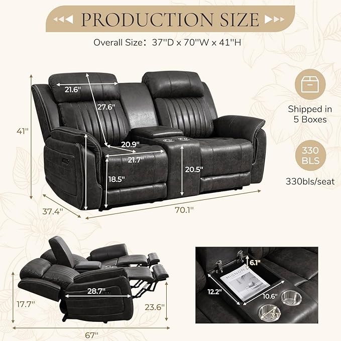 Power Loveseat Recliner Sofa with Zero Gravity, Adjustable Headrest, Power Reclining Loveseat with Console, Dual Ports, Electric Reclining Couch for Living Room (Charcoal, Loveseat)