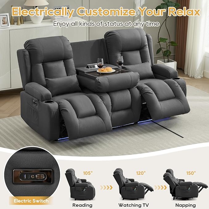 IPKIG Power Recliner Sofa with Flip-Up Backrest Console, USB & USB-C Ports, AC Outlet, LED Lights, Wall Hugger Recliners for Living Room, RV (Grey, 76.8" - 3 Seat) | Leathaire Fabric, Zero Gravity, Dual Reclining, 2 Lumabr Pillow