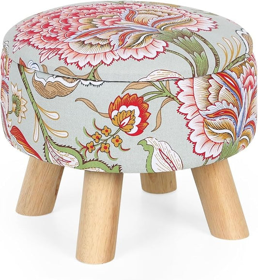 ETELI Storage Ottoman Round Small Foot Rest with Wood Legs Boho Footstool with Padded Seat Ottomans and Footstools for Couch Hallway Living Room Bedroom Enterway