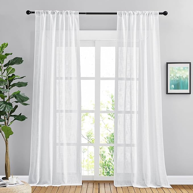 NICETOWN White Linen Sheer Bedroom Curtains 90 inches Long, Rod Pocket & Back Tab Semi Sheer Privacy with Light Filtering Bedroom Window Treatments for Farmhouse, W42 x L90, 2 Panels