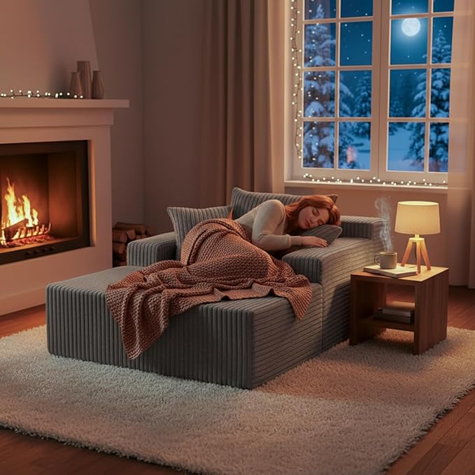 Sytopia Chaise Lounge with Armrests, Oversized Sofa Bed with 3 Pillows, Cozy Couch, Sleeper Reading Chair for Living Room Bedroom, Floor Sofa Corduroy, Furniture Sala, Urban Grey