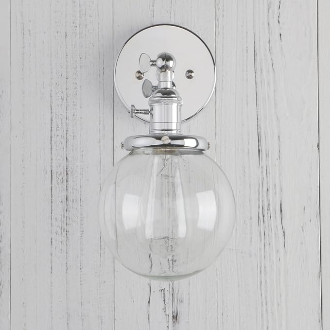 PERMO Vintage Industrial Wall Sconce Lighting Fixture with Mini 5.9" Round Clear Glass Globe Hand Blown Shade (Chrome)