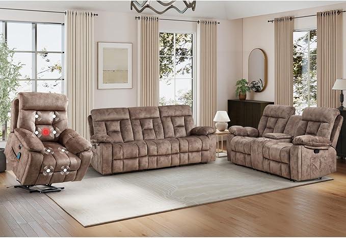 EBELLO 3 Pieces Recliner Sofa Furniture Set, Power Lift Recliner Chair with Massage and Heat, Manual Loveseat and 3 Seat Reclining Couch Set for Living Room, Brown