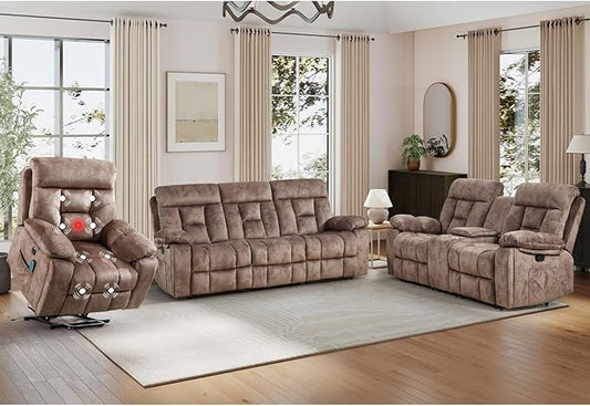 EBELLO 3 Pieces Recliner Sofa Furniture Set, Power Lift Recliner Chair with Massage and Heat, Manual Loveseat and 3 Seat Reclining Couch Set for Living Room, Brown