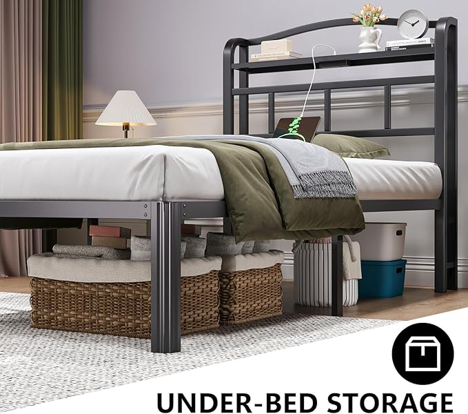 Twin Bed Frame - Storage Headboard with Charging Station, 14 Inch Sturdy Metal Platform Bed Frame No Box Spring Needed, Easy Assembly, No Noise, Black