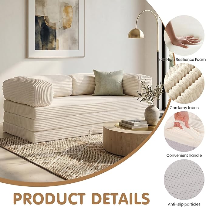 JUIKURY Folding Sofa Bed, Convertible Sleeper Chair with Pilow Foldable Matress, 2 in 1 Pull Out Loveseat Sofa Portable Fold Out Chair Bed Floor Couch Lounge for Living Room (Beige, Queen-82"L x 60"W)