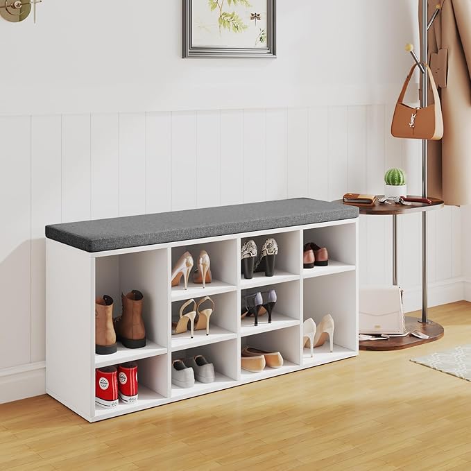 PayLessHere Shoe Bench Storage Bench 10 Compartments Shoe Organizer with 3-Tier Shoe Rack Bench Adjustable Shelves Shoe Shelf for Living Room Entryway Hallway Bedroom (White and Grey)
