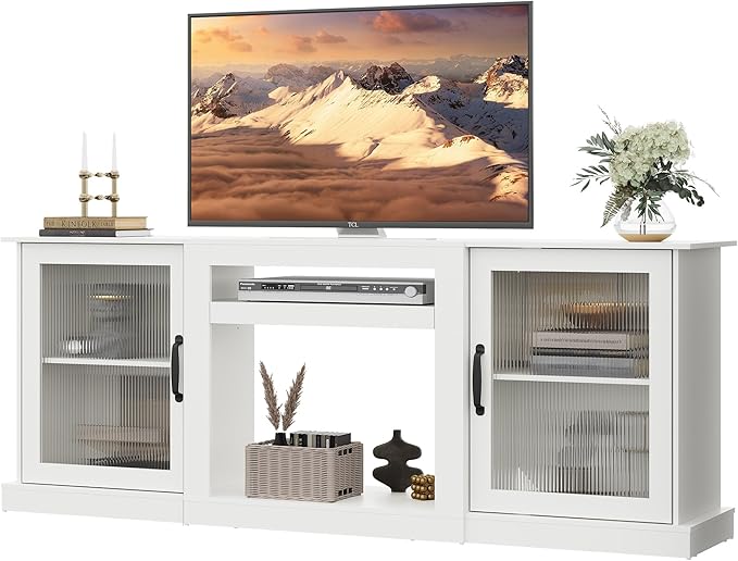 WLIVE Farmhouse TV Stand for 75 inch TV, Entertainment Center with Storage Cabinets, Mid Century Modern TV Console for Living Room, Bedroom, White
