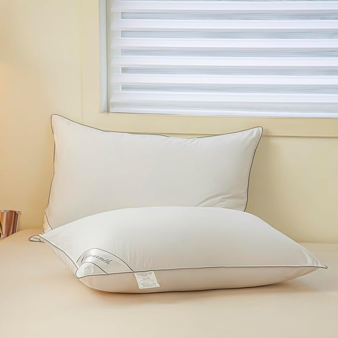 Goose Feathers Down Pillows for Sleeping, Hotel Collection Bed Pillow with Grey Piping Queen Size (20X30IN) 1 Pack