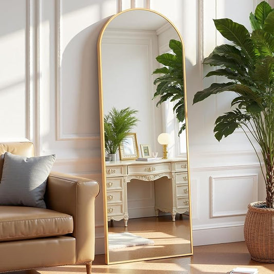 OLIXIS Arched Full Length Mirror 59"x16" for Bedroom, Full Body Mirror with Stand, Hanging or Leaning for Wall, Aluminum Alloy Thin Frame Floor Standing for Living Room, Tall, Gold