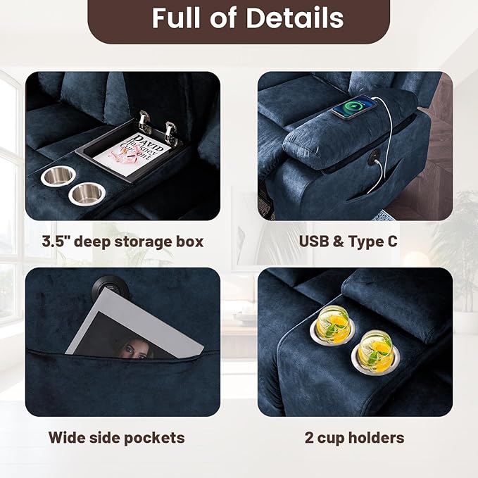 Power Loveseat Recliner Sofa with Heat and Massage, Double Recliner Loveseat with Console, RV Recliners-Wall Hugger Reclining Couch with USB & Type C for Living Room, RV,Home Theater | Heat and Massage, Cup Holder