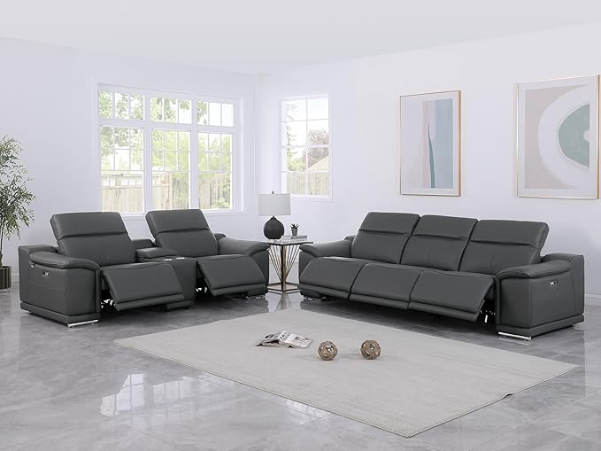 BlackJack Furniture Venice Top Grain Italian Leather Power Recline 6 Piece 5 Seater Sofa - 107" Theater Seating Modern Couch for Living Room Lounge with Adjustable Headrests & USB Port, Dark Grey