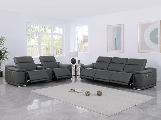 BlackJack Furniture Venice Top Grain Italian Leather Power Recline 6 Piece 5 Seater Sofa - 107" Theater Seating Modern Couch for Living Room Lounge with Adjustable Headrests & USB Port, Dark Grey