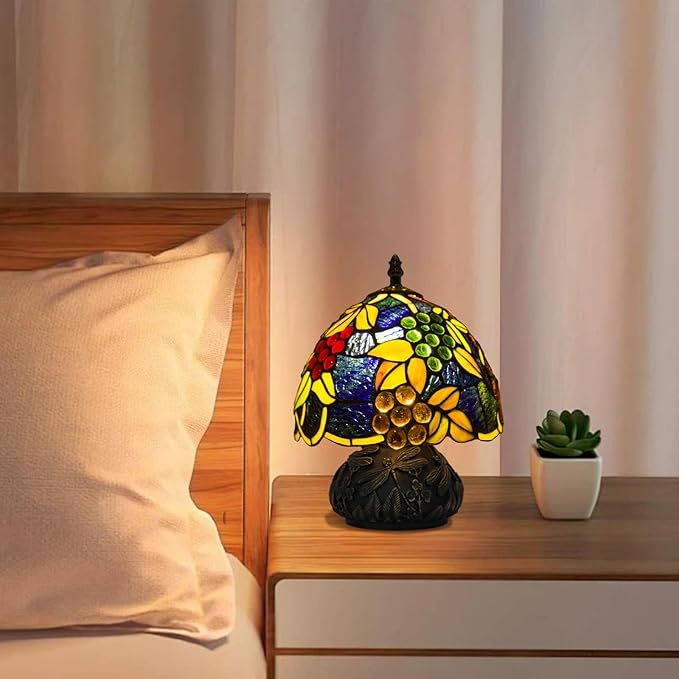 JHuiLap Small Tiffany Stained Glass Lamp, 3 Color Temperatures Bedside Lamp, 8 Inch Mushroom Desk Light for Bedroom Living Room Office Home Decor (Yellow Leaf Grapes)