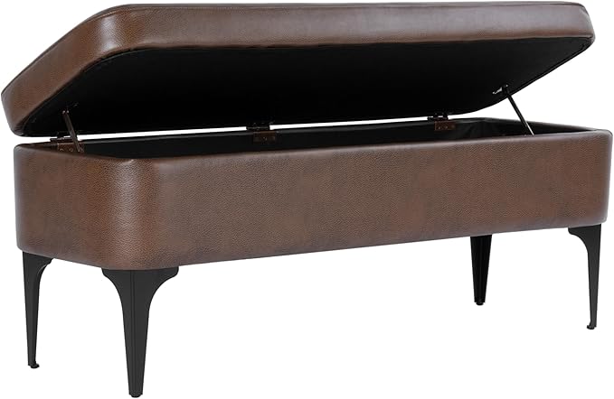HomePop Upholstered Storage Bench with Metal Leg, 42" W, Brown PU Leather