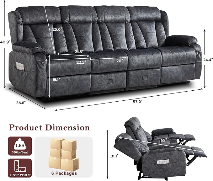 97.6" Manual Reclining Loveseat Sofa - Wall Hugger 4 Seat Loveseat Recliner with Console, Fold-Down Table and Built-in Outlets, Recliner Couch for Living Room RVs Home Theater Seating