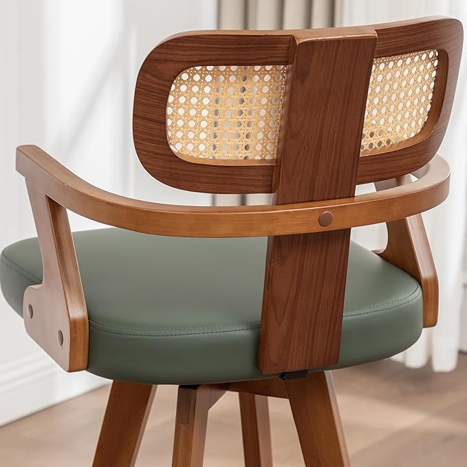 Set of 4 Counter Height Bar Stools - 27 inch Swivel Counter Stools with Walnut Craftsmanship, Cane Back, Upholstered Faux Leather, Kitchen Island Stools for Island/Pub/Kitchen (27" Seat Height, Green)